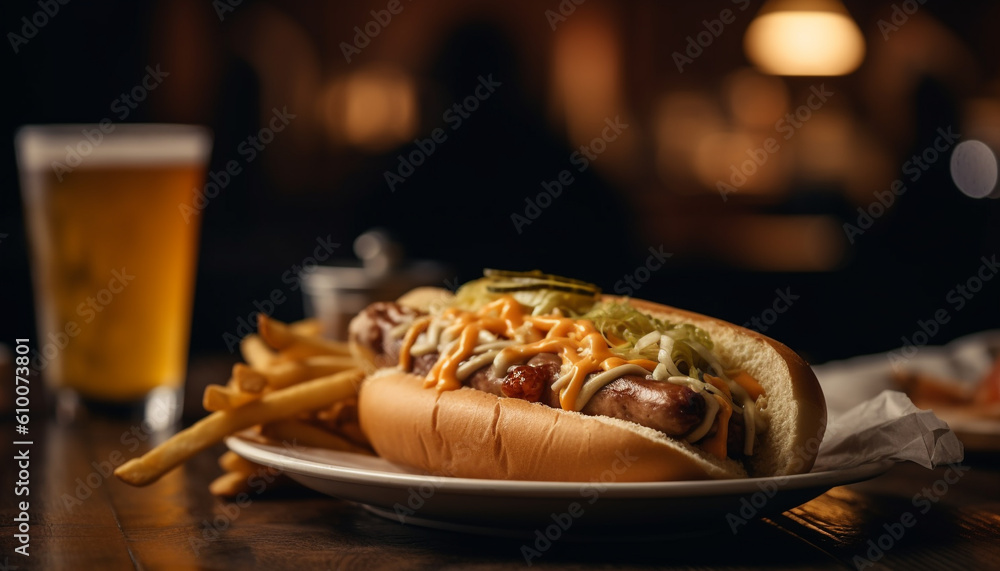 Grilled beef sandwich with fries and hot dog appetizer generated by AI