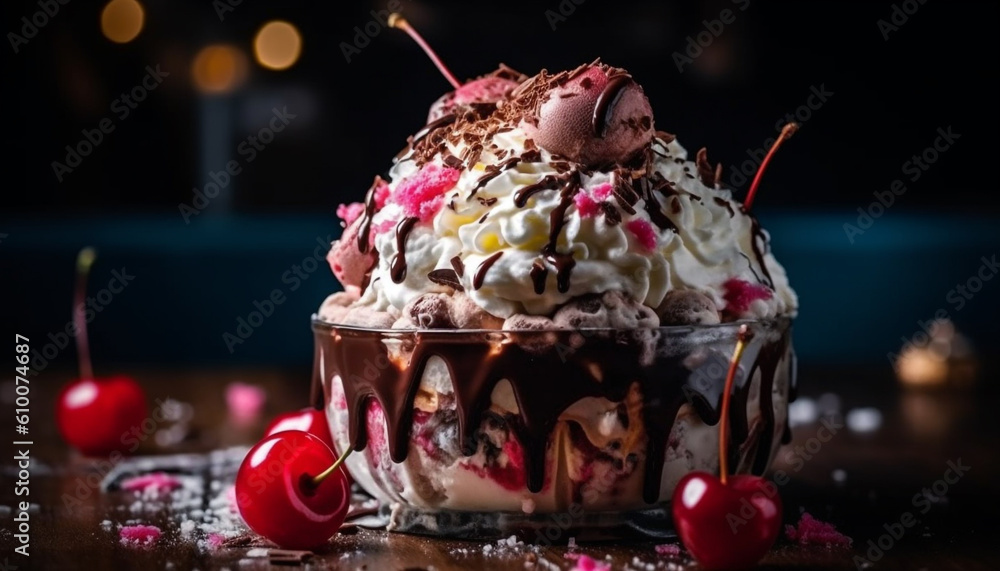 Indulgent homemade ice cream sundae with fresh berries and chocolate sauce generated by AI