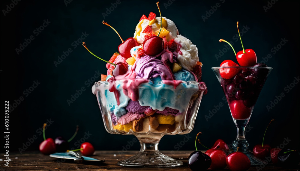 Indulgent summer dessert Berry ice cream sundae with gourmet toppings generated by AI