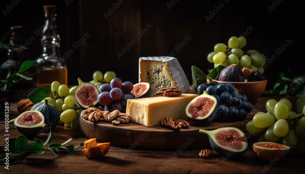 A rustic gourmet appetizer tray with fresh fruit and cheese generated by AI