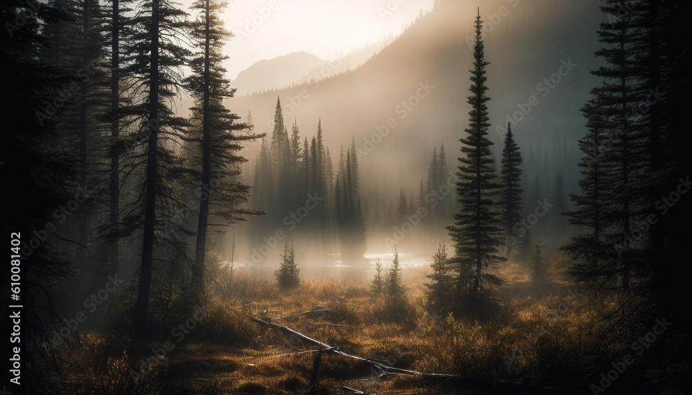Tranquil scene of coniferous trees in the wilderness, back lit by sunlight generated by AI