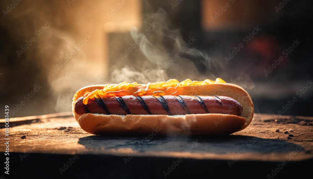 Grilled meat and hot dog on a barbecue flame, summer refreshment generated by AI