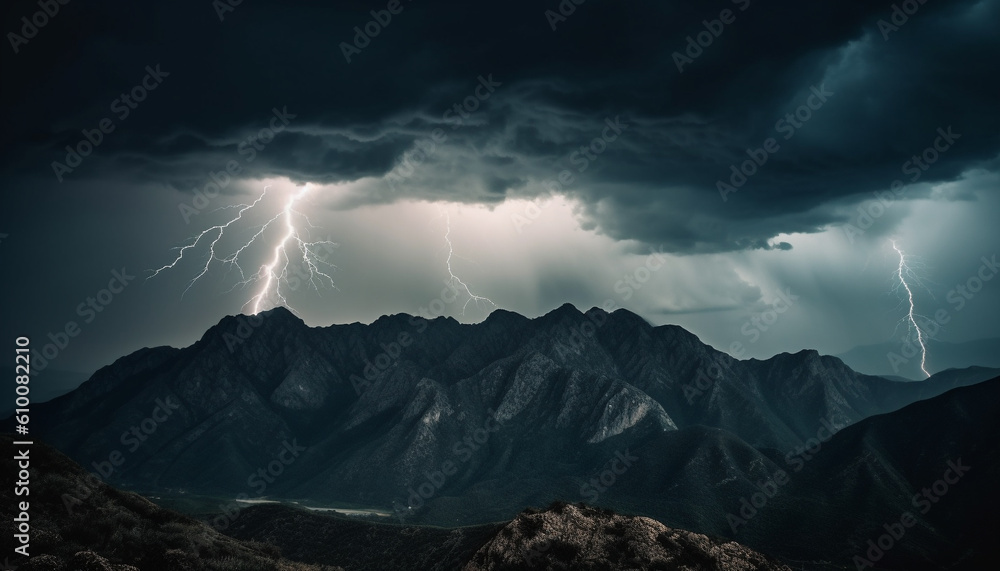 Dramatic sky over majestic mountain peak, forked lightning strikes generated by AI