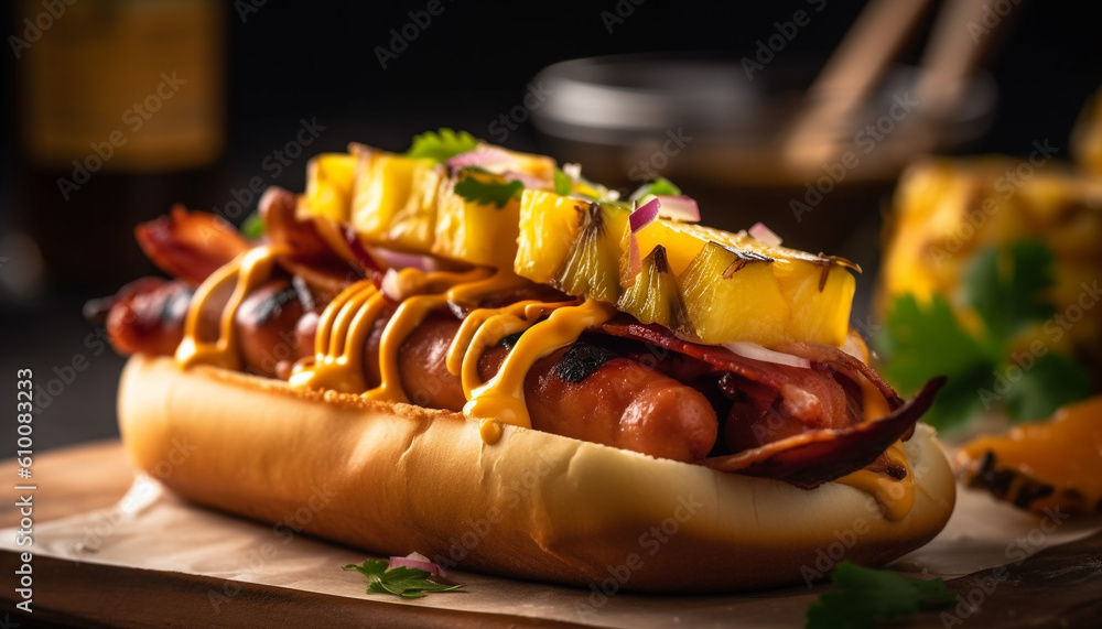 Grilled beef and pork, hot dog, onion, and bread appetizer generated by AI