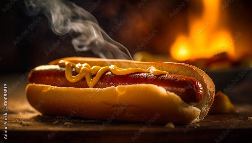 Grilled hot dog on bun with ketchup, cooked over flame generated by AI
