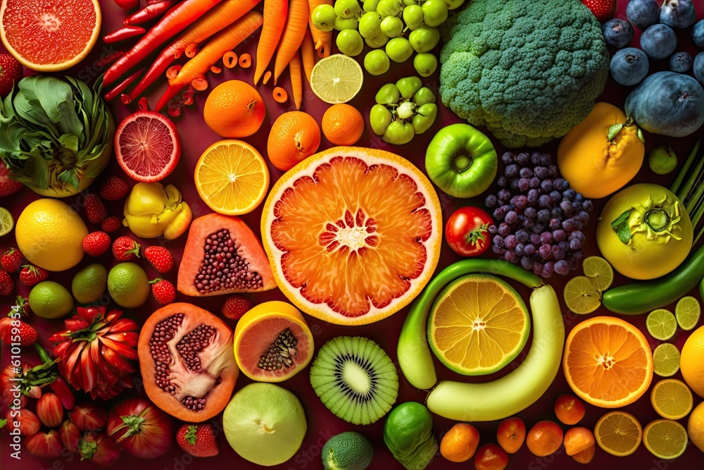 circular arrangement of assorted fruits and vegetables Generative AI