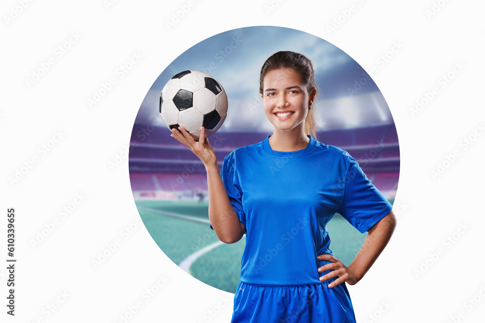  Portrait of young female smiling soccer player with soccer ball standing in the stadium - flat Illu