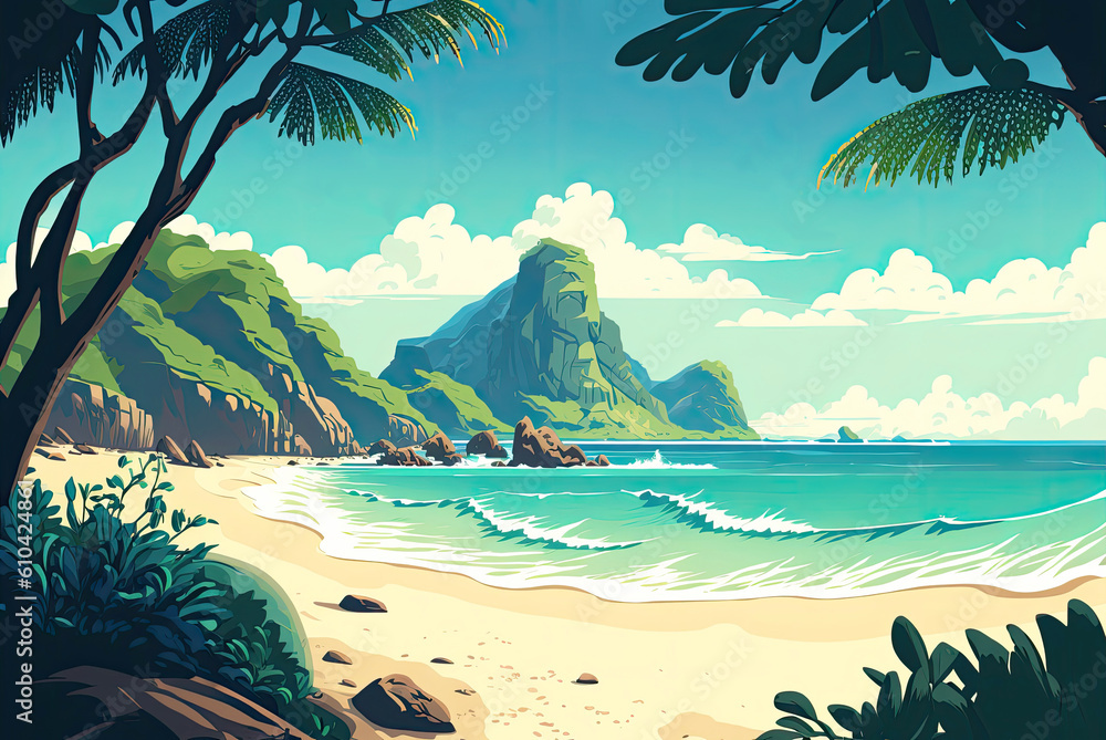 Tropical background with sea, mountain and palm trees. Summer sandy beach, blue ocean, illustration.