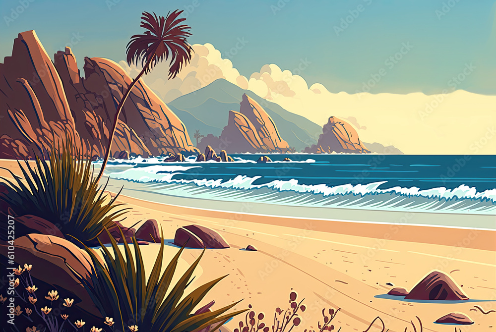 Tropical background with sea, mountain and palm trees. Summer sandy beach, blue ocean, illustration.