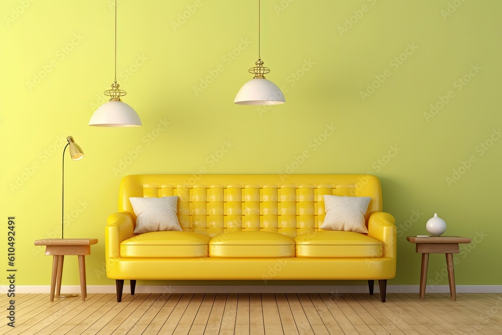 cozy living room with a bright yellow couch and two matching lamps Generative AI