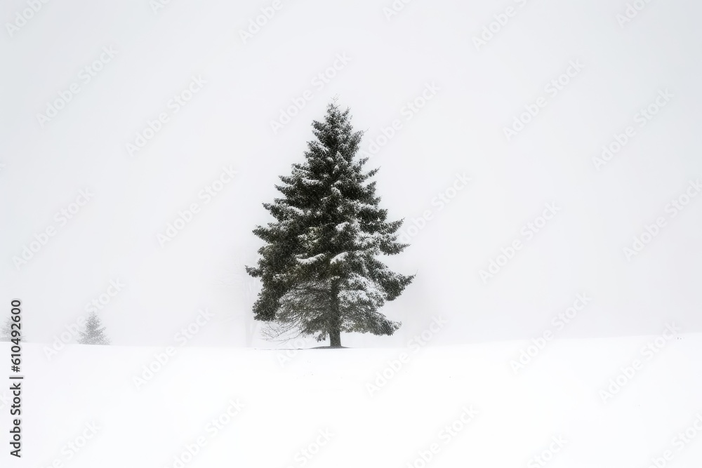 solitary pine tree standing in a snow-covered landscape Generative AI