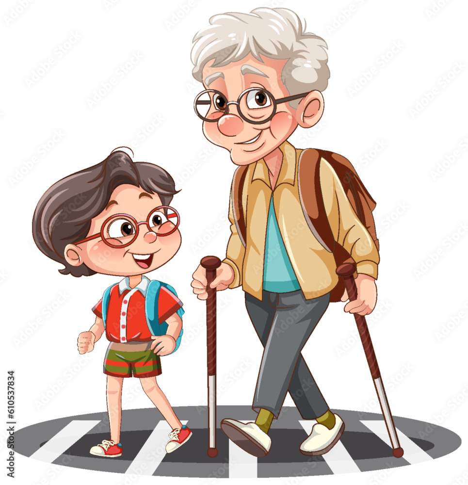 Grandparent crossing the road with student