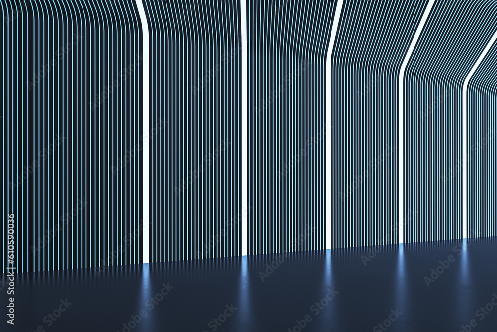 Contemporary futuristic blue corridor with reflections. Designs concept. 3D Rendering.