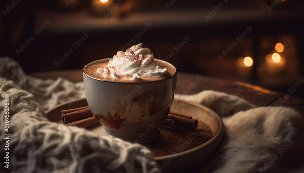 Indulgent hot drinks on rustic table bring winter warmth indoors generated by AI