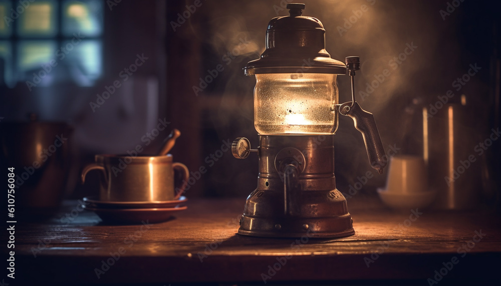 Rustic coffee shop table with old fashioned lantern and glowing flame generated by AI