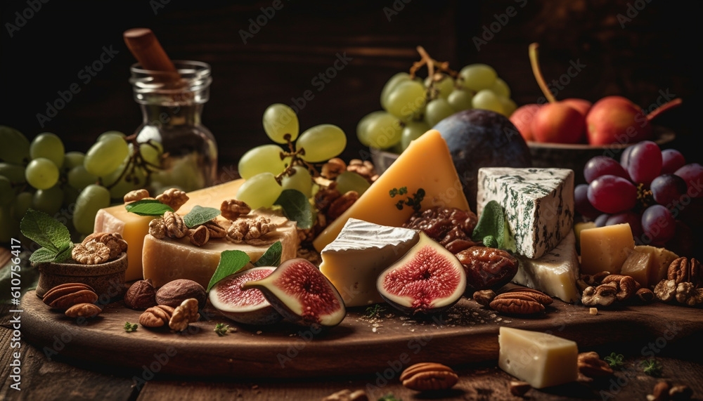 A rustic gourmet appetizer plate with a variety of cheeses generated by AI