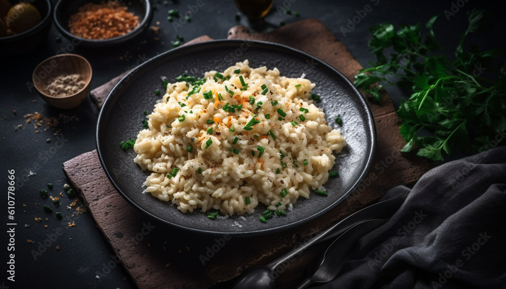 Healthy homemade vegetarian risotto with fresh parsley and parmesan cheese generated by AI