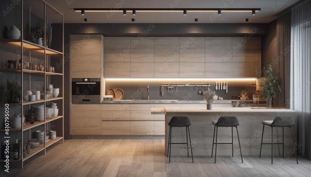 Modern luxury kitchen design with elegant wood flooring and stainless steel appliances generated by 