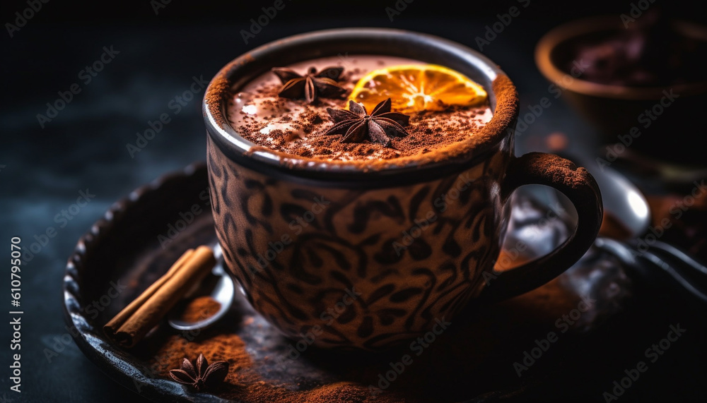 Hot chocolate with frothy cream on rustic wooden table background generated by AI