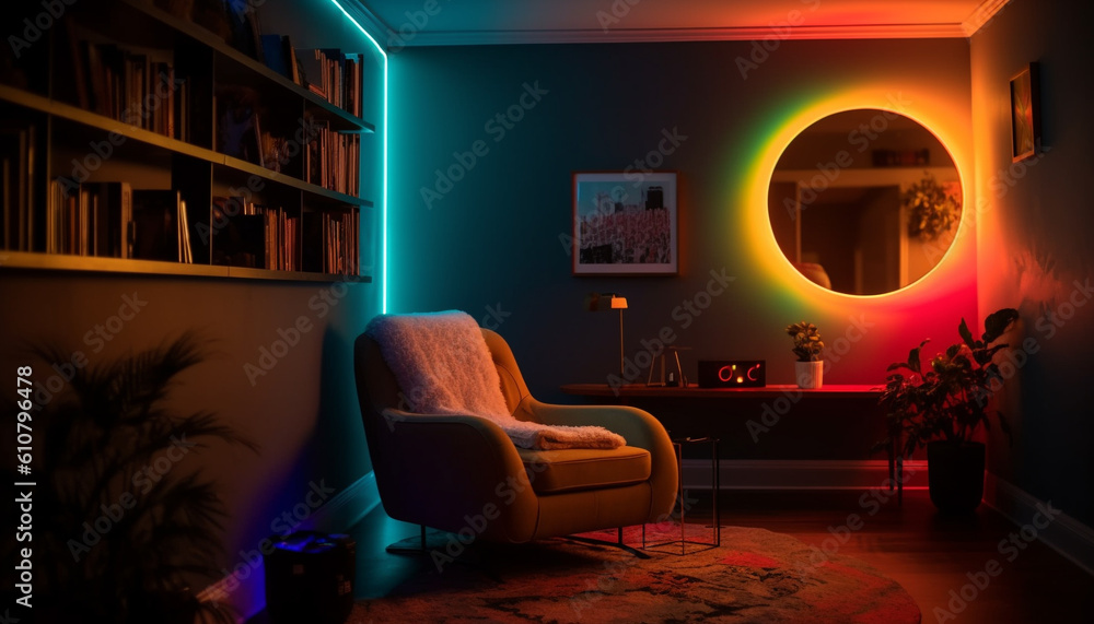 Comfortable armchair illuminated by electric lamp in modern living room generated by AI
