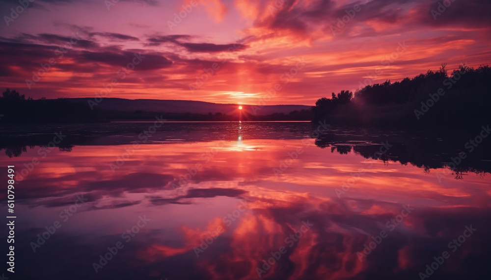 Vibrant sunset reflects tranquil beauty in nature over rural landscape generated by AI