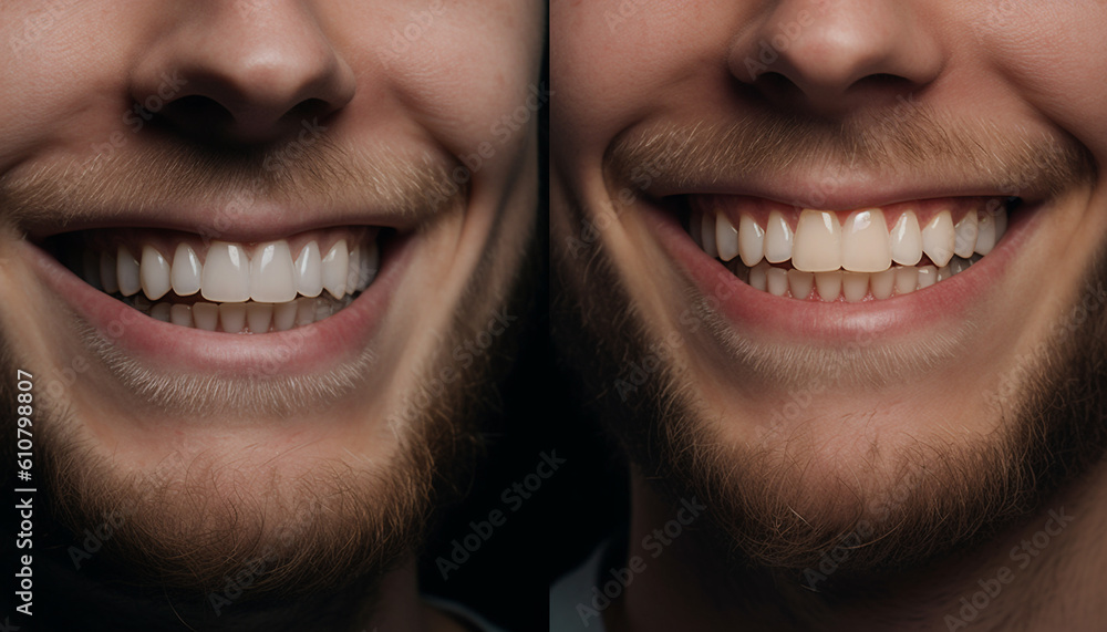 Two cheerful adults with fresh, healthy teeth and confident smiles generated by AI