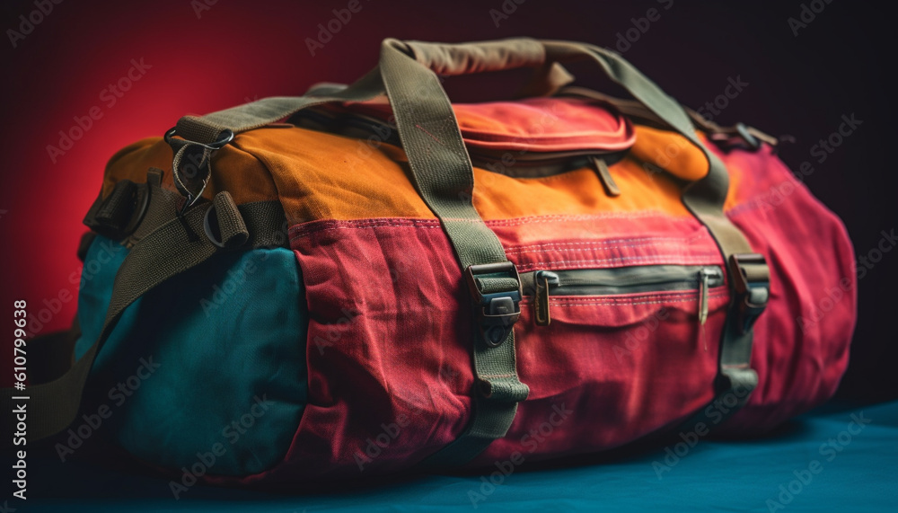 Blue backpack carrying adventure equipment for mountain hiking exploration generated by AI