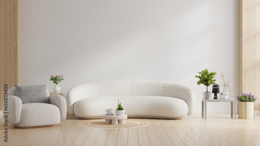 Modern minimal interior elegant armchair and sofa on white wall background.3d rendering