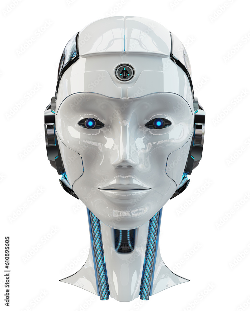 White and blue woman robot head isolated. 3d rendering of cyborg humanoid female face on transparent