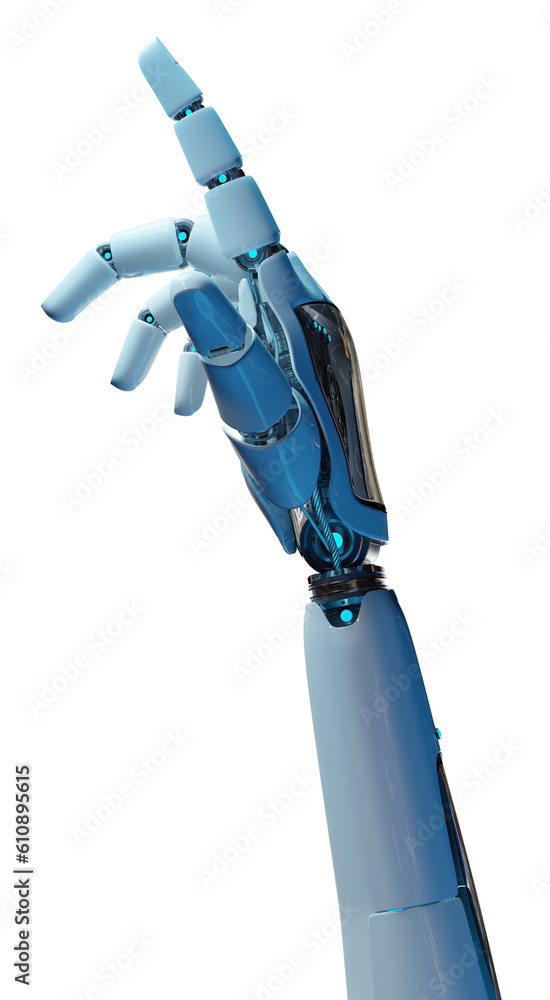 Isolated robot hand pointing finger. 3D rendering white and blue cyborg arm in dark lighting. Humano