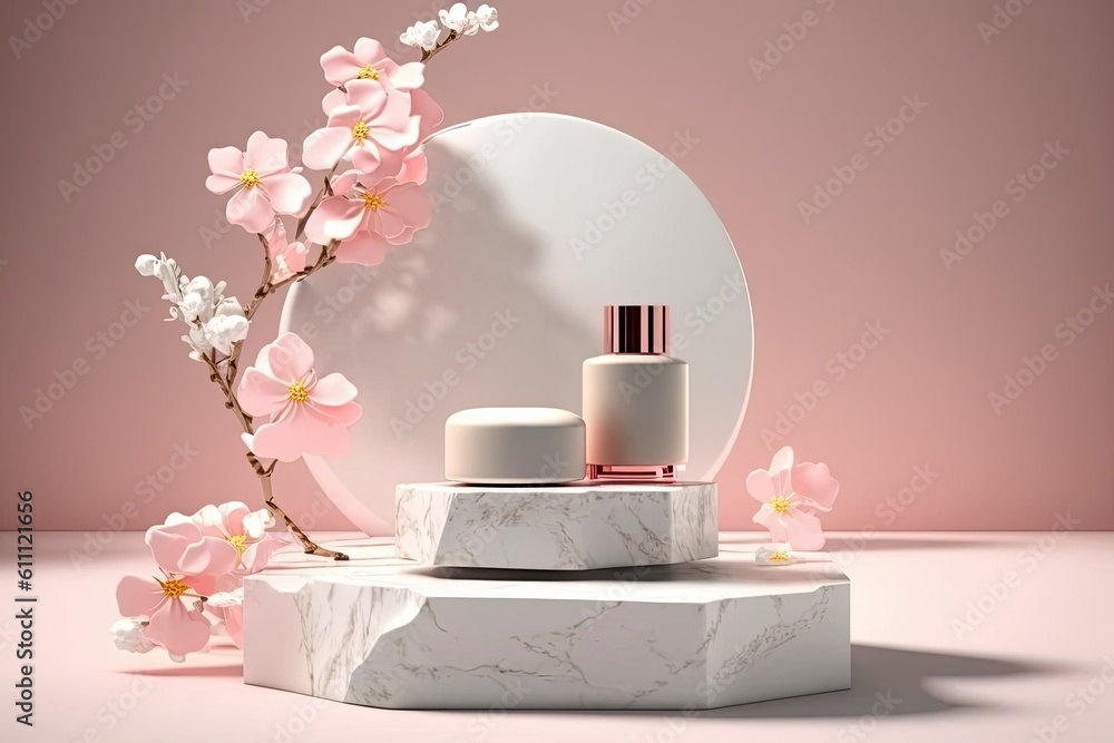 white plate with pink flowers and a bottle of lotion on a light background. Generative AI