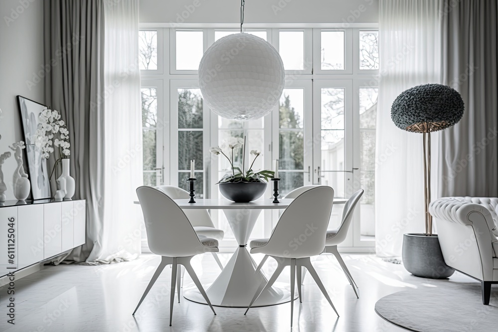 modern dining room with a sleek white table and chairs. Generative AI
