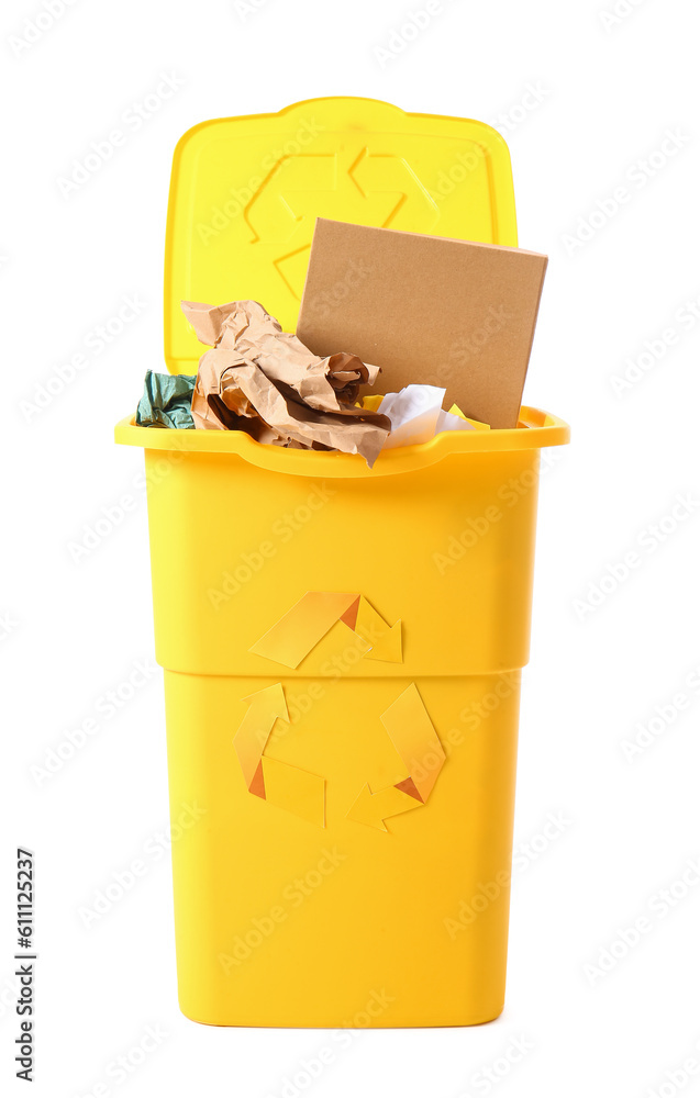 Container with garbage isolated on white. Recycling concept
