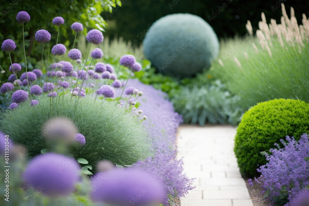 beautiful garden with an abundance of vibrant purple flowers. Generative AI