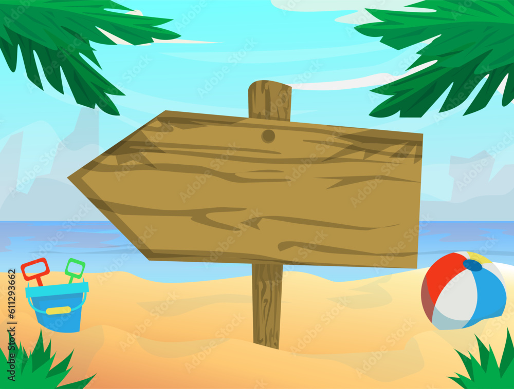 Empty wooden sign, beach toys and ball on sand near sea. Summertime recreation illustration