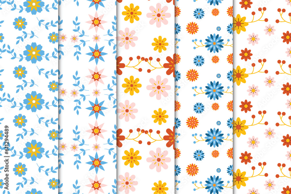 Seamless flower garden and leaf pattern bundle vector. Simple floral pattern decoration on a white b