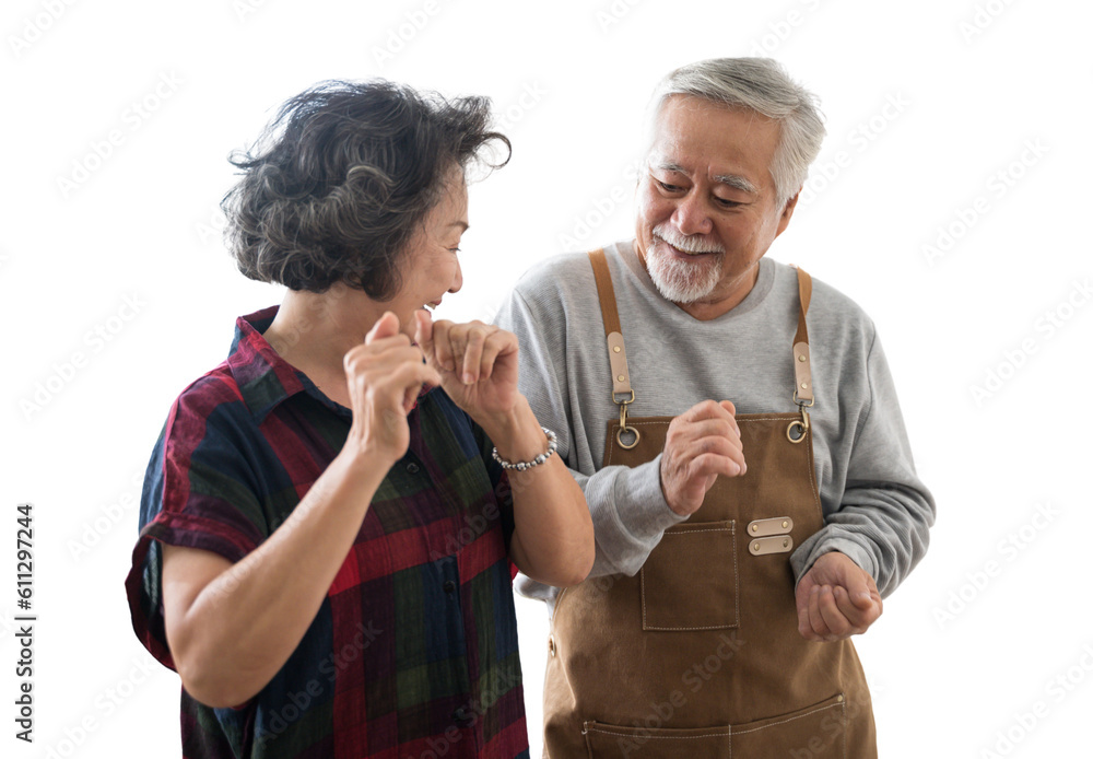 Asian mature senior couple is dancing and smiling in kitchen at home. isolated white background, rem