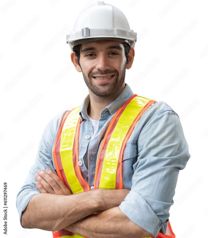Portrait of man engineer at building site looking at camera. Male construction manager wearing white
