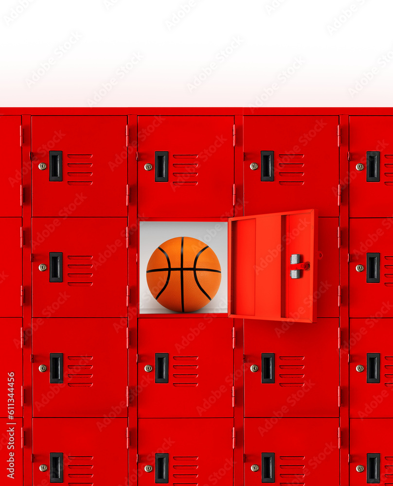 Basketball in a red locker or an open gym locker. PNG transparent