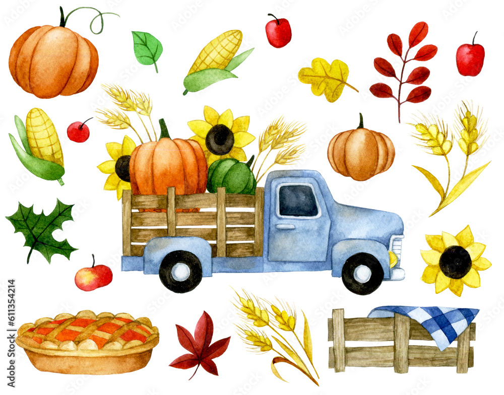 watercolor drawing. set of thanksgiving elements, cute drawings on the theme of autumn. pumpkins, ha