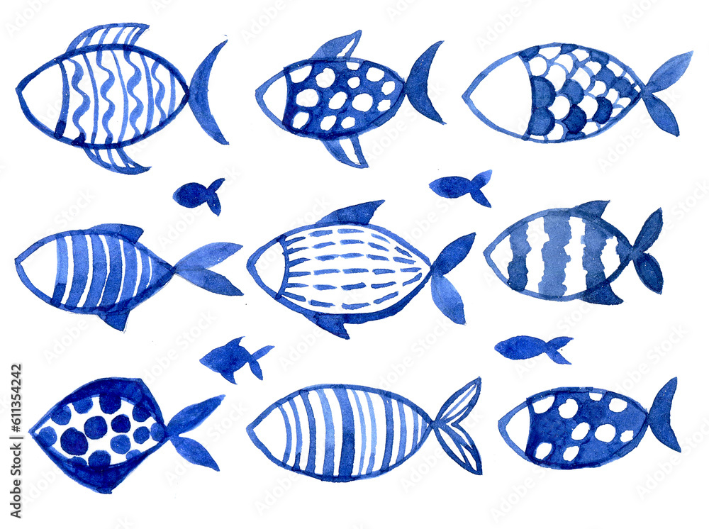 watercolor set with fish. childrens simple drawing blue fish on a white background. doodle