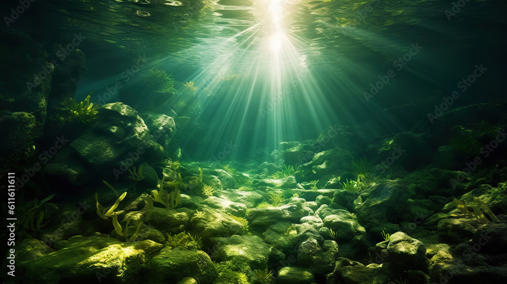 Underwater sunlight through the water surface seen from a rocky seabed with algae. Generative AI