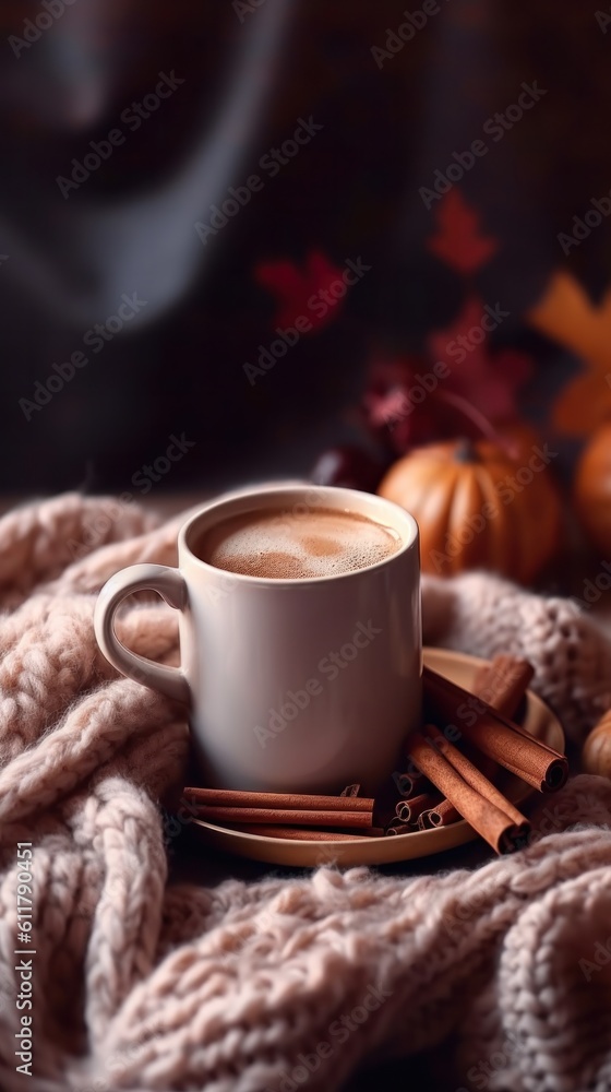 Autumn cozy background with coffee. Illustration AI Generative.