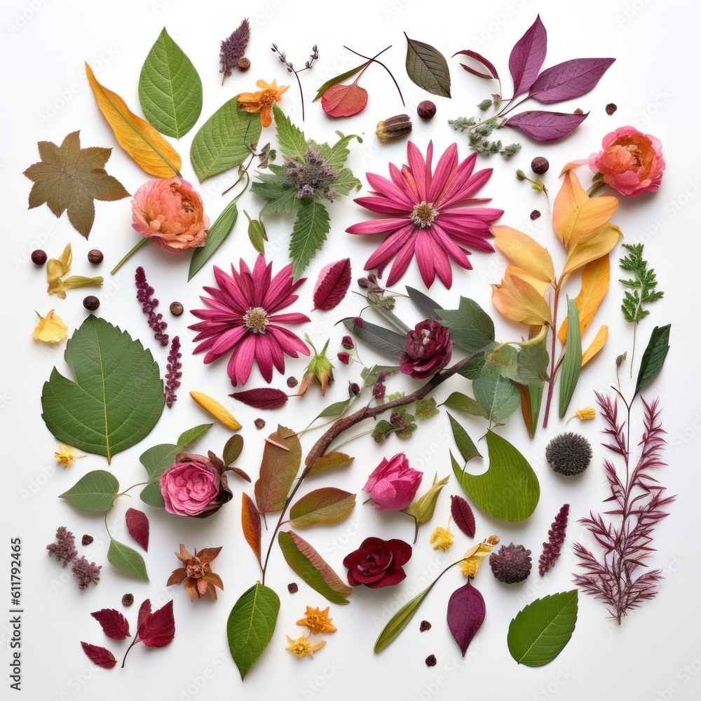 Assortment leaves and flowers. Illustration AI Generative.