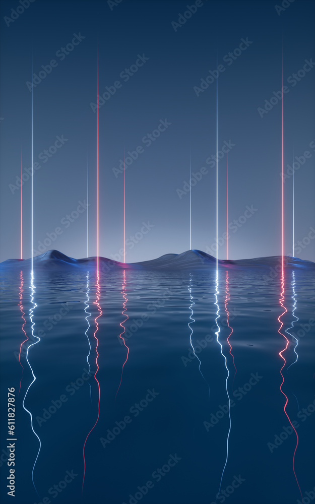 Dark lake with glowing neon lines, 3d rendering.