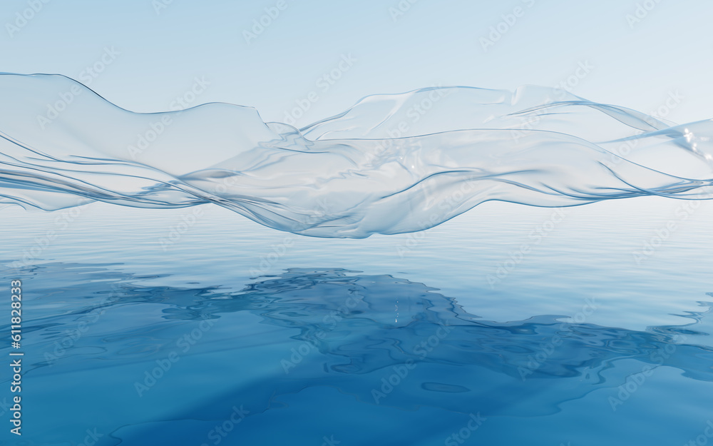 Flowing transparent cloth with water surface, 3d rendering.