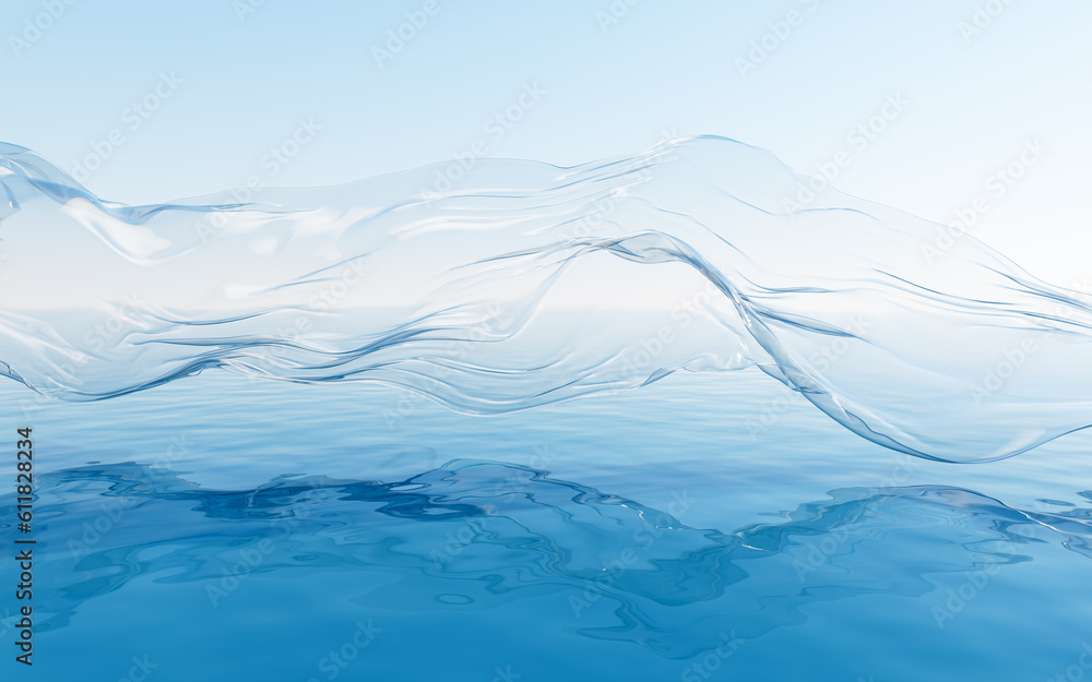 Flowing transparent cloth with water surface, 3d rendering.