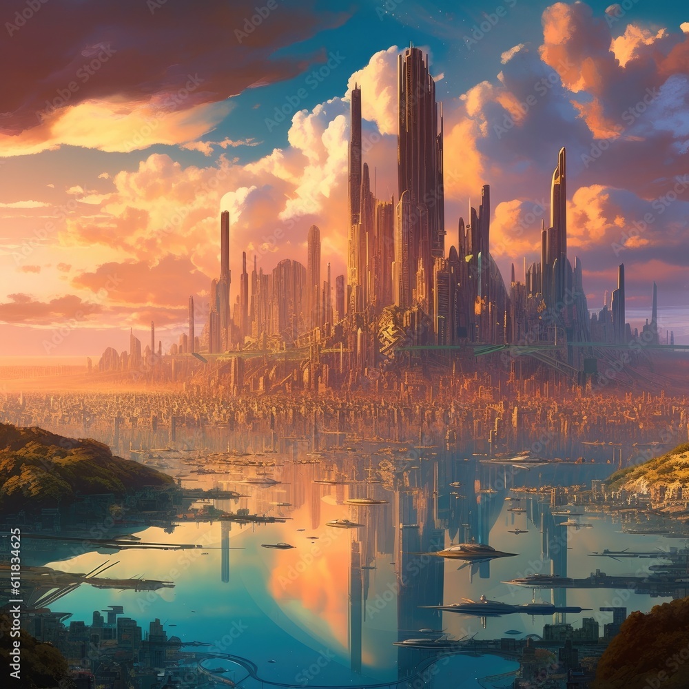 Landscape of a dense futuristic city filled with skyscrapers at sunset, Surrounded by lakes, AI gene