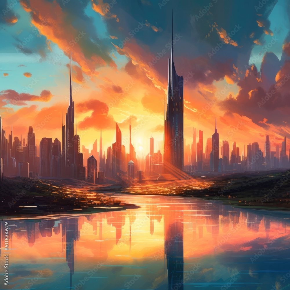 Futuristic city surrounded by lakes at sunset, AI generated.