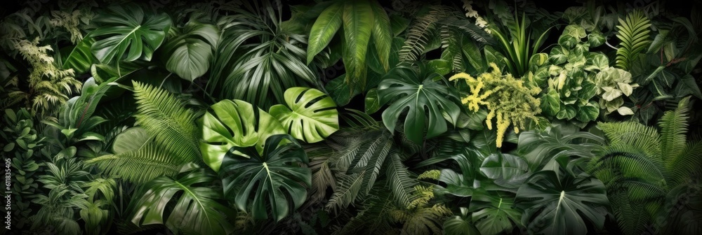 Natural green wallpaper and background, Monstera, fern and palm leaves tropical foliage plant bush n